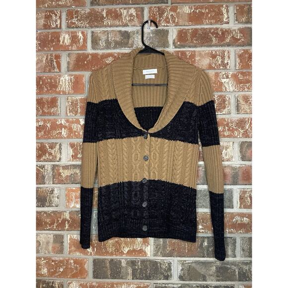 Van Heusen Striped Cable Knit Cardigan XS Button Front Collared Preppy Neutral - Picture 1 of 5